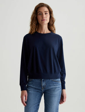 Karter Pullover Deep Navy Oversized Fit Long Sleeve Crew Neck Pu Women Top Photo 1