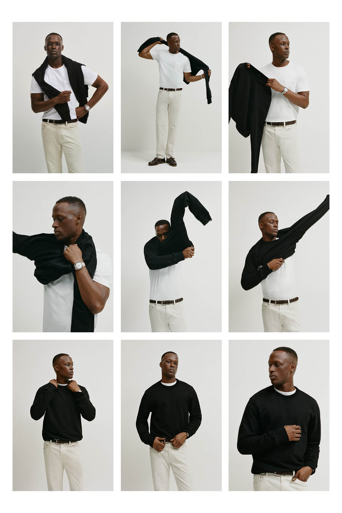 Grid of a man modeling different black shirts with white pants on a plain background