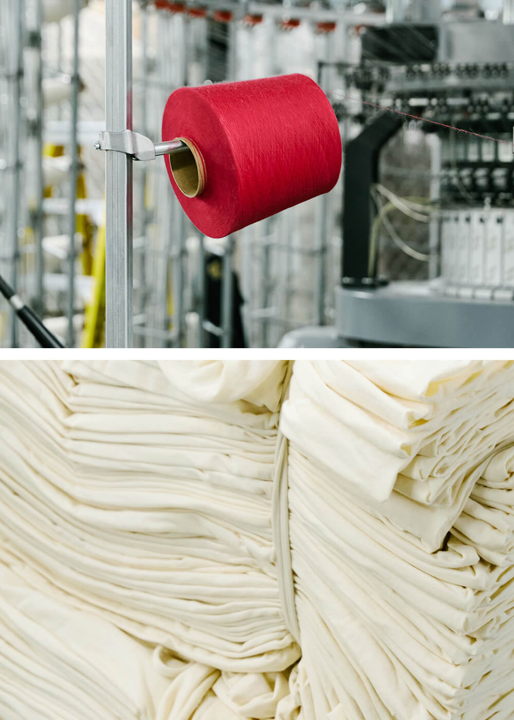 Top: Red yarn on a machine, Bottom: Close-up of white yarn.