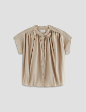 Lotta Blouse Simple Taupe Short Sleeve Shirred Blouse Women Top Photo 9